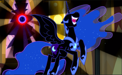 Size: 1533x942 | Tagged: safe, screencap, nightmare moon, pony, do princesses dream of magic sheep, g4, season 5, cropped, evil laugh, female, flying, laughing, solo