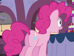 Size: 505x387 | Tagged: safe, screencap, pinkie pie, earth pony, pony, g4, mmmystery on the friendship express, bags under eyes, balloonbutt, butt, cake, cropped, female, food, open mouth, plot, shocked, solo, table, train, wide eyes