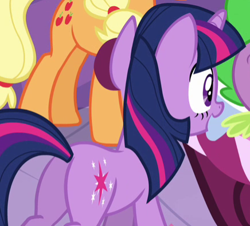 Size: 436x395 | Tagged: safe, screencap, applejack, spike, twilight sparkle, dragon, earth pony, pony, unicorn, g4, ponyville confidential, butt, cropped, looking at something, open mouth, plot, smiling, solo focus, twibutt, unicorn twilight, wide eyes