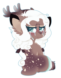 Size: 1024x1315 | Tagged: safe, artist:vanillaswirl6, oc, oc only, oc:starry night, deer, deer pony, original species, antlers, blushing, bow, clothes, commission, crying, hair bow, sad, simple background, solo, stockings, thigh highs, transparent background