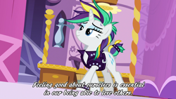 Size: 1280x720 | Tagged: safe, artist:mylittlenanaki, edit, edited screencap, screencap, rarity, pony, unicorn, g4, it isn't the mane thing about you, alternate hairstyle, bracelet, clothes, eyeshadow, female, jacket, jewelry, lidded eyes, makeup, mare, mister rogers, multicolored mane, multicolored tail, punk, quote, raripunk, short tail, solo, tail band
