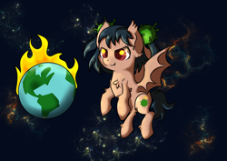 Size: 4448x3155 | Tagged: safe, artist:dumbwoofer, oc, oc only, oc:corona chan, bat pony, pegasus, pony, bat pony oc, bat wings, chaos, chest fluff, coronavirus, covid-19, destruction, ear fluff, earth, evil, evil grin, evil smirk, female, fire, giant bat pony, giant pony, grin, macro, plague, planet, pony bigger than a planet, reupload, rule 85, smiling, solo, some mares just want to watch the world burn, space, spread wings, tragedy, virus, wings