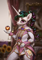 Size: 850x1200 | Tagged: safe, artist:assasinmonkey, princess celestia, alicorn, anthro, alternate hairstyle, belly button, blurry background, braid, clothes, costume porn, curtains, digital painting, female, flower, gloves, mare, navel cutout, orb, painting, solo, sunflower, technically advanced, uniform