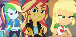 Size: 1226x606 | Tagged: safe, edit, screencap, applejack, rainbow dash, sunset shimmer, equestria girls, equestria girls specials, g4, my little pony equestria girls: better together, my little pony equestria girls: forgotten friendship, my little pony equestria girls: friendship games, my little pony equestria girls: holidays unwrapped, the cider louse fools, bad girl, bedroom eyes, crazy face, crossed arms, evil smile, faic, fist, grin, hot, rapeface, rough, smiling, smug, smugdash, smugjack, smugset shimmer, you know for kids