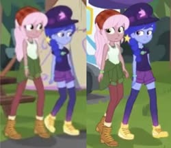 Size: 951x822 | Tagged: safe, edit, edited screencap, screencap, raspberry lilac, space camp, equestria girls, g4, my little pony equestria girls: better together, bandana, clothes, cropped, duo focus, female, hat, lesbian, shipping, shorts, spacelilac, tank top, walking, walking together, zettai ryouiki