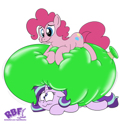 Size: 4000x4000 | Tagged: safe, artist:rupert, pinkie pie, starlight glimmer, earth pony, pony, unicorn, g4, balloon, balloon fetish, balloon riding, derp, female, fetish, karma, mare, party balloon, pinned, prone, simple background, smiling, squished, starlooner glimmer, that pony sure does love balloons, transparent background, wavy mouth