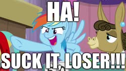 Size: 1280x720 | Tagged: safe, edit, edited screencap, editor:useraccount, screencap, matilda, rainbow dash, donkey, pegasus, pony, a trivial pursuit, g4, caption, excessive exclamation marks, female, gloating, image macro, loser, mare, meme, mocking, pointing, text