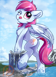 Size: 1332x1828 | Tagged: safe, artist:ravistdash, oc, oc only, oc:evening skies, pegasus, pony, bipedal, bipedal leaning, blinking, butt, chest fluff, commission, crush fetish, destruction, dock, ear fluff, fetish, giant pony, helicopter, leaning, macro, marina bay sands, ocean, patreon, patreon logo, plot, standing, tail, tongue out, underhoof