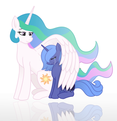 Size: 2600x2700 | Tagged: safe, artist:cherrycandi, princess celestia, princess luna, alicorn, pony, g4, comforting, crying, duo, female, folded wings, high res, hug, reflection, s1 luna, siblings, simple background, sisters, white background, winghug, wings
