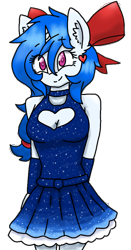 Size: 472x900 | Tagged: safe, artist:gempainter32, oc, oc only, oc:diamond nella, unicorn, anthro, blue hair, bow, breasts, cleavage, clothes, cute, dress, ear fluff, female, hair bow, hands behind back, heart, heart eyes, ibispaint x, looking at you, magenta eyes, ocbetes, simple background, solo, transparent background, wingding eyes