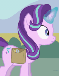 Size: 365x465 | Tagged: safe, artist:forgalorga, starlight glimmer, pony, unicorn, derpibooru, give me your wings, g4, animated, bag, blushing, cropped, embarrassed, feather, female, gif, implied fluttershy, juxtaposition, magic, magic aura, mare, meta, saddle bag, solo