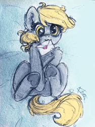 Size: 432x576 | Tagged: safe, artist:minty joy, derpy hooves, pegasus, pony, g4, bed, blushing, butt, chest fluff, colored sketch, cute, ear fluff, female, fluffy, heart, hoof heart, letter, love, love letter, plot, sketch, solo, traditional art