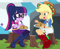 Size: 1118x918 | Tagged: safe, edit, edited screencap, screencap, applejack, sci-twi, twilight sparkle, equestria girls, equestria girls specials, g4, my little pony equestria girls: better together, my little pony equestria girls: sunset's backstage pass, cute, food, music festival outfit, pancakes, tree stump
