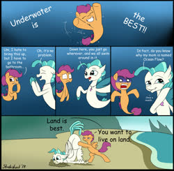 Size: 1641x1608 | Tagged: safe, artist:strebiskunk, scootaloo, terramar, classical hippogriff, hippogriff, pegasus, pony, seapony (g4), g4, surf and/or turf, blue with shock, comic, comic sans, dialogue, female, filly, implied menstrual blood, implied ocean flow, joke, male, need to pee, potty time, reality ensues, seaponified, seapony scootaloo, species swap, speech bubble, squick, toilet humor, too much information, underwater