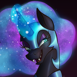 Size: 1000x1000 | Tagged: safe, artist:sailesnake, nightmare moon, alicorn, pony, g4, bust, ethereal mane, fangs, female, magic, portrait, smiling, smirk, solo