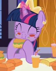 Size: 359x450 | Tagged: safe, artist:agrol, twilight sparkle, alicorn, pony, how to be a princess, g4, adorkable, animated, burger, cropped, crown, cute, dork, drink, drinking, eating, eyes closed, female, food, french fries, gif, glowing horn, happy, hay burger, hay fries, horn, jewelry, levitation, magic, mare, messy eating, regalia, solo, table, telekinesis, that pony sure does love burgers, twiabetes, twilight burgkle, twilight sparkle (alicorn)