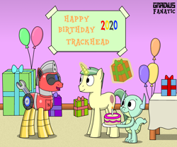 Size: 1902x1581 | Tagged: safe, artist:gradiusfanatic, oc, oc only, oc:alex, oc:daniel, oc:trackhead, dragon, pony, unicorn, birthday, trio