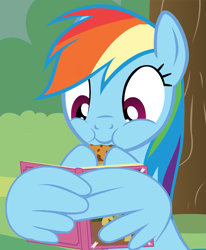 Size: 875x1061 | Tagged: safe, artist:agrol, rainbow dash, pegasus, pony, just relax and read, g4, book, cookie, cropped, cute, dashabetes, eating, female, food, mare, reading, show accurate, smiling, solo, wing hands, wings