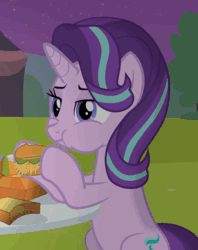 Size: 307x387 | Tagged: safe, artist:agrol, starlight glimmer, pony, unicorn, time for two, g4, animated, burger, cropped, cute, eating, female, food, gif, glimmerbetes, hay burger, herbivore, i can't believe it's not hasbro studios, mare, show accurate, sitting, solo
