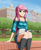 Size: 1627x1967 | Tagged: safe, alternate version, artist:cluvry, fluttershy, human, g4, building, clothes, female, grass, humanized, park, sitting, smiling, solo, tree