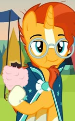Size: 450x720 | Tagged: safe, artist:agrol, sunburst, pony, unicorn, time for two, g4, cape, clothes, cotton candy, cropped, cute, eating, facial hair, glasses, hoof hold, i can't believe it's not hasbro studios, male, show accurate, stallion, sunbetes