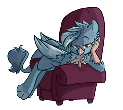Size: 1794x1606 | Tagged: safe, artist:modularpon, oc, oc only, oc:parula cerulean, griffon, bedroom eyes, chair, claws, commission, griffon oc, looking at you, paws, simple background, solo, transparent background