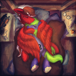 Size: 1024x1024 | Tagged: safe, artist:tiothebeetle, oc, oc only, oc:arcane gears, oc:markerlight, pegasus, pony, derpibooru, fallout equestria, fallout equestria: dead tree, bed, bed frame, bedroom, commission, cuddling, gay, glasses, gun, high angle, hug, indoors, male, meta, military tag, pillow, shipping, tags, weapon, winghug