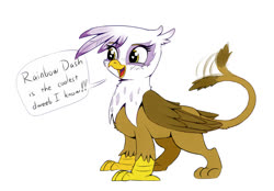 Size: 1376x960 | Tagged: safe, artist:firenhooves, gilda, griffon, g4, blushing, colored, cute, dweeb, female, gilda is amused, gildadorable, happy, heart eyes, motion lines, open mouth, simple background, smiling, solo, standing, tail wag, text, white background, wingding eyes