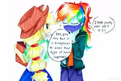 Size: 3454x2322 | Tagged: safe, artist:liaaqila, applejack, rainbow dash, equestria girls, g4, alternate hairstyle, applejack is not amused, applejack's hat, belt, box, clothes, coronavirus, covid-19, cowboy hat, engrish, eyes closed, female, hat, high res, hoodie, jeans, mask, open mouth, pants, ponytail, shirt, simple background, skirt, speech bubble, stetson, t-shirt, traditional art, unamused, white background