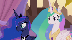 Size: 1920x1080 | Tagged: safe, screencap, princess celestia, princess luna, alicorn, pony, g4, the summer sun setback, chestplate, confused, crown, duo, ethereal mane, eyeshadow, female, flowing mane, folded wings, frown, jewelry, makeup, mare, multicolored mane, peytral, regalia, royal sisters, siblings, sisters, starry mane