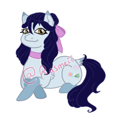 Size: 2350x2488 | Tagged: safe, artist:ponyrasmeii, oc, oc only, oc:blossom desiree, pony, unicorn, bow, choker, clothes, coat markings, disabled, female, hair bow, high res, horn, lying down, magical gay spawn, mare, nextgen:rasmeiiverse, offspring, parent:curly winds, parent:wiz kid, parents:wizwinds, simple background, small horn, white background