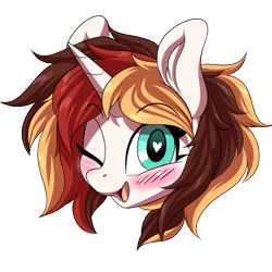 Size: 1200x1200 | Tagged: safe, artist:ask-colorsound, oc, oc only, oc:scarlet serenade, pony, unicorn, blushing, emoticon, female, head only, heart eyes, love, mare, one eye closed, simple background, solo, transparent background, wingding eyes, wink