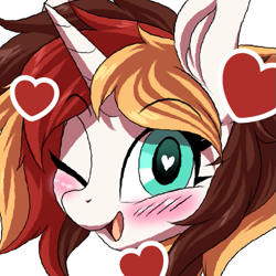 Size: 513x513 | Tagged: safe, alternate version, artist:ask-colorsound, oc, oc only, oc:scarlet serenade, pony, unicorn, blushing, emoticon, female, floating heart, head only, heart, heart eyes, love, mare, one eye closed, simple background, solo, transparent background, wingding eyes, wink