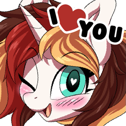 Size: 513x512 | Tagged: safe, alternate version, artist:ask-colorsound, oc, oc only, oc:scarlet serenade, pony, unicorn, blushing, emoticon, female, head only, heart eyes, i love you, love, mare, one eye closed, simple background, solo, transparent background, wingding eyes, wink