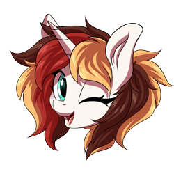 Size: 1200x1200 | Tagged: safe, artist:ask-colorsound, oc, oc only, oc:scarlet serenade, pony, unicorn, cute, emoticon, female, happy, head only, mare, one eye closed, simple background, smiling, solo, transparent background, wink
