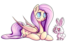 Size: 3806x2460 | Tagged: safe, artist:coco-drillo, angel bunny, fluttershy, pegasus, pony, rabbit, g4, animal, colorful, ear fluff, high res, lying down, simple background, transparent background
