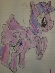 Size: 1676x2236 | Tagged: safe, artist:joeydr, twilight sparkle, alicorn, pony, g4, female, flying, lined paper, mare, signature, simple background, solo, traditional art, twilight sparkle (alicorn)