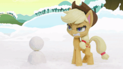 Size: 800x450 | Tagged: safe, screencap, applejack, fluttershy, rainbow dash, rarity, twilight sparkle, alicorn, earth pony, pegasus, pony, unicorn, g4.5, my little pony: stop motion short, snowball fight (short), animated, bucking, female, gif, looking at each other, outdoors, smiling, snow, snowball, stop motion, twilight sparkle (alicorn), whistling, wings