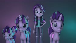 Size: 7680x4320 | Tagged: safe, artist:fazbearsparkle, starlight glimmer, human, pony, equestria girls, g4, 3d, beanie, clothes, female, filly, filly starlight glimmer, hat, human ponidox, looking at you, multeity, pants, ripped pants, s5 starlight, self paradox, self ponidox, source filmmaker, starlight glimmer day, time paradox, younger