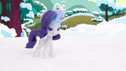Size: 800x450 | Tagged: safe, screencap, rarity, twilight sparkle, alicorn, pony, unicorn, g4.5, my little pony: stop motion short, snowball fight (short), animated, female, gif, looking at each other, magic, outdoors, snow, snowball, snowball fight, speed lines, split screen, stop motion, telekinesis, tree, twilight sparkle (alicorn), wings