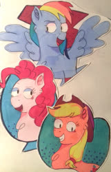 Size: 1239x1920 | Tagged: safe, artist:nonameorous, applejack, rainbow dash, earth pony, pegasus, pony, g4, grin, lidded eyes, smiling, spread wings, traditional art, wings