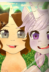 Size: 900x1300 | Tagged: safe, artist:sirena-flitter, oc, oc only, pony, unicorn, duo, female, mare, smiling
