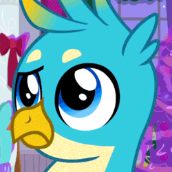 Size: 540x540 | Tagged: safe, screencap, gallus, griffon, g4, the hearth's warming club, animated, cropped, eyeroll, frown, gallus is not amused, gif, male, solo, teenager, unamused