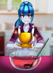 Size: 800x1089 | Tagged: safe, artist:tzc, part of a set, sonata dusk, equestria girls, g4, anime, apron, award, blushing, bowl, clothes, cute, female, fruit punch, kitchen, ladle, looking at you, ponytail, smiling, solo, sonatabetes, trophy