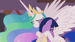 Size: 1920x1080 | Tagged: safe, screencap, princess celestia, princess luna, twilight sparkle, alicorn, pony, g4, the summer sun setback, crown, cute, duo focus, ethereal mane, eyes closed, female, flowing mane, grin, hoof shoes, hug, jewelry, mare, multicolored mane, offscreen character, proud, regalia, smiling, spread wings, twilight sparkle (alicorn)