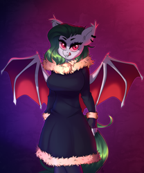 Size: 2500x3000 | Tagged: safe, alternate version, artist:sugarstar, oc, oc only, bat pony, anthro, ear piercing, fangs, female, fluffy, fur, fur coat, high res, looking at you, mare, piercing, simple background, smiling, solo, spread wings, standing, tongue out, wings