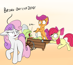 Size: 1800x1600 | Tagged: safe, artist:rocket-lawnchair, apple bloom, granny smith, scootaloo, sweetie belle, earth pony, pony, unicorn, g4, cutie mark crusaders, dialogue, female, filly, mare, missing wing, monty python, monty python and the holy grail, movie quote in the comments, onomatopoeia, sleeping, sound effects, tongue out, wheelbarrow, zzz