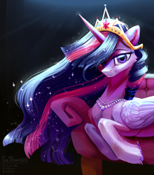 Size: 3280x3720 | Tagged: safe, artist:teaflower300, twilight sparkle, alicorn, pony, the last problem, cheek fluff, chest fluff, couch, crown, ear fluff, female, high res, jewelry, looking at you, lying down, mare, necklace, older, older twilight, princess twilight 2.0, regalia, solo, tiara, twilight sparkle (alicorn), unshorn fetlocks