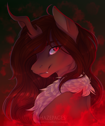 Size: 1500x1800 | Tagged: safe, artist:hazepages, oc, oc only, oc:red flux, changeling, bust, changeling oc, eye clipping through hair, eyebrows, eyebrows visible through hair, fangs, looking at you, male, portrait, red changeling, signature, smiling, smiling at you, solo