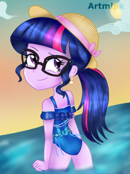 Size: 1536x2048 | Tagged: safe, artist:artmlpk, sci-twi, twilight sparkle, equestria girls, g4, adorkable, beach, clothes, cute, dork, ear piercing, earring, female, hat, jewelry, looking at you, looking back, looking back at you, looking over shoulder, piercing, ponytail, solo, swimsuit, twiabetes, water